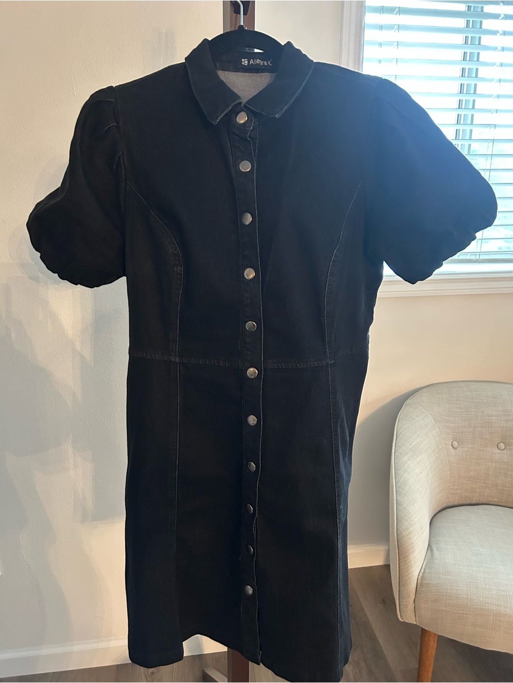 Allegra K Black Snap-Front Puff Sleeve Mini Dress